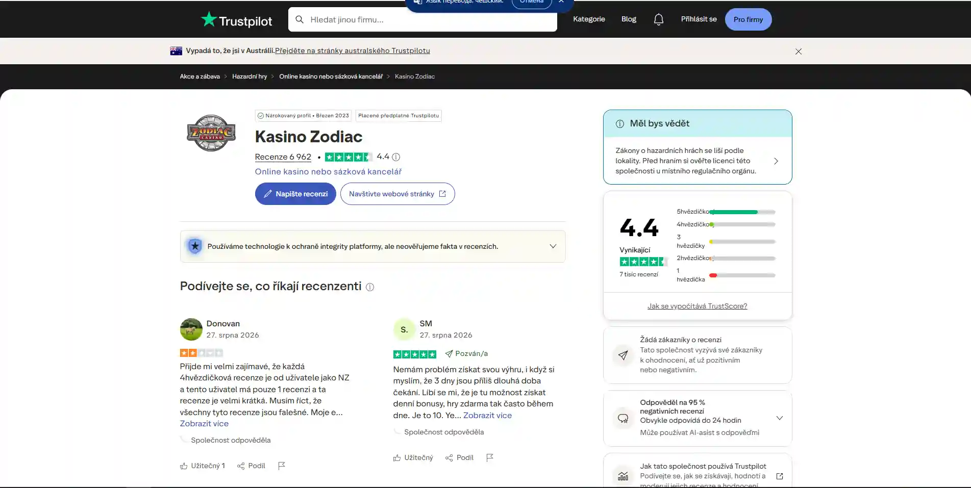 Veřejný profil Zodiac Casino s hodnocením zákazníků