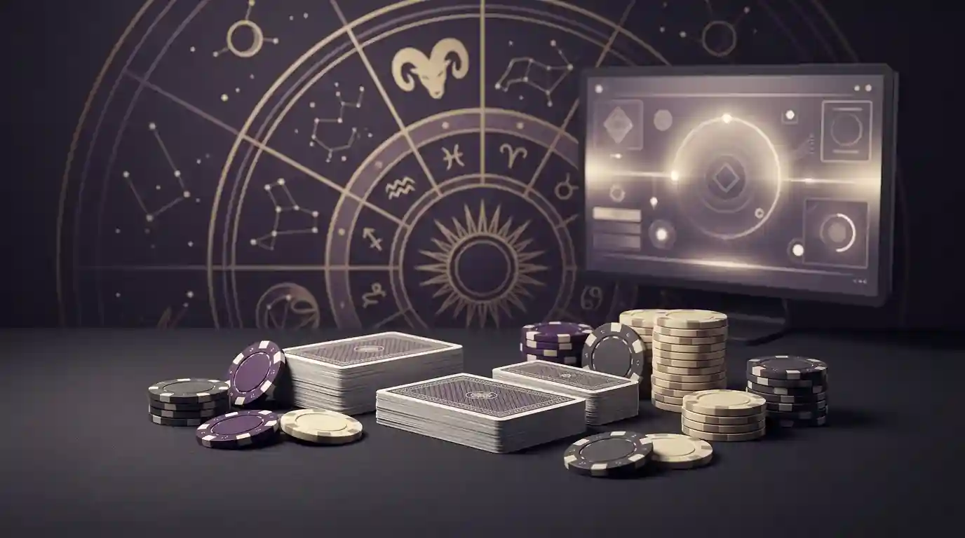 Rozhodování o online casinu se symbolikou zvěrokruhu, hracími kartami a prvky casino her