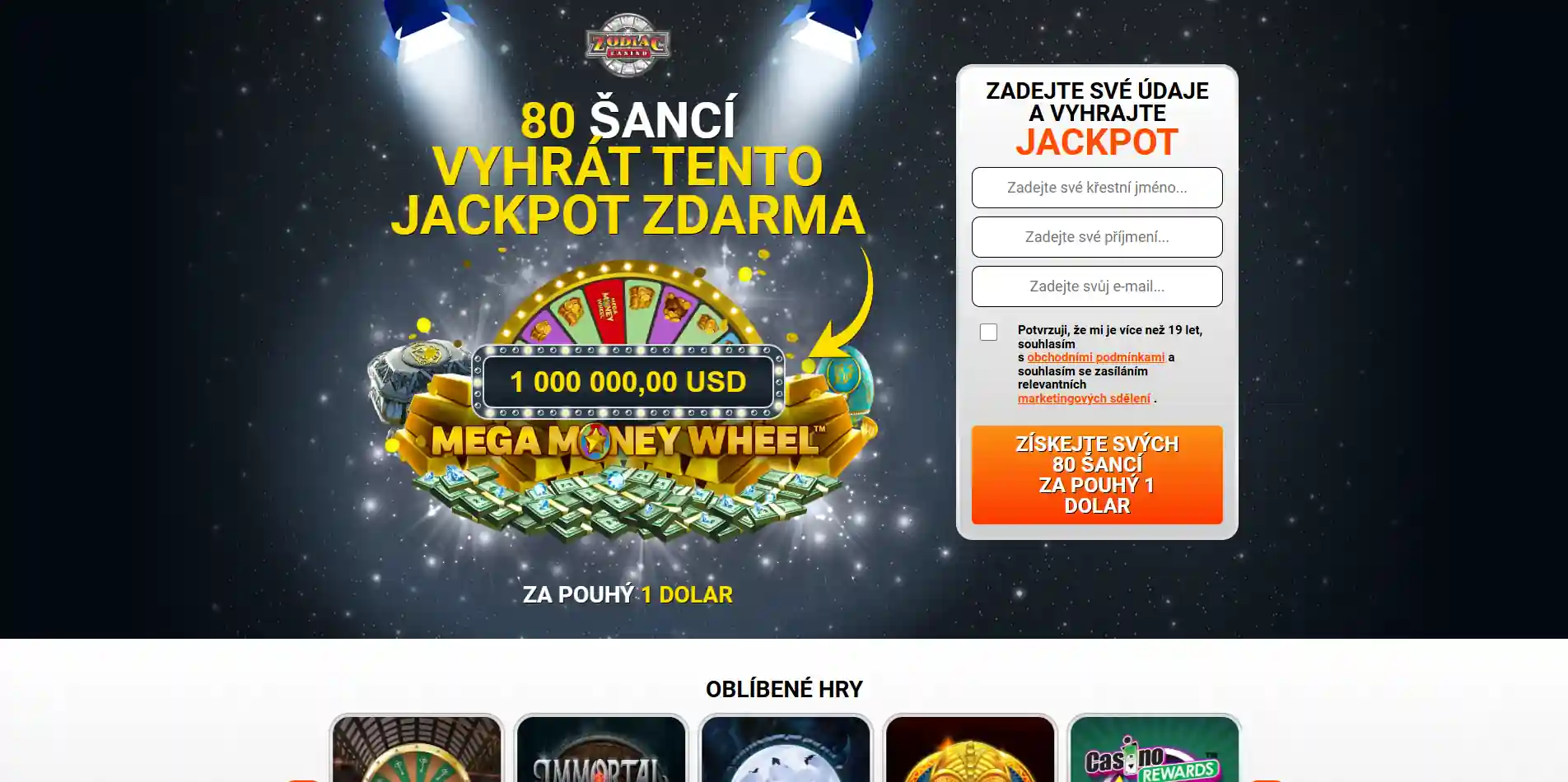 Domovská stránka Zodiac Casino se značkou a uvítací nabídkou